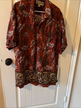 Tropical-Print Short Sleeve Button-Down Shirt in Rust by Tori Richard